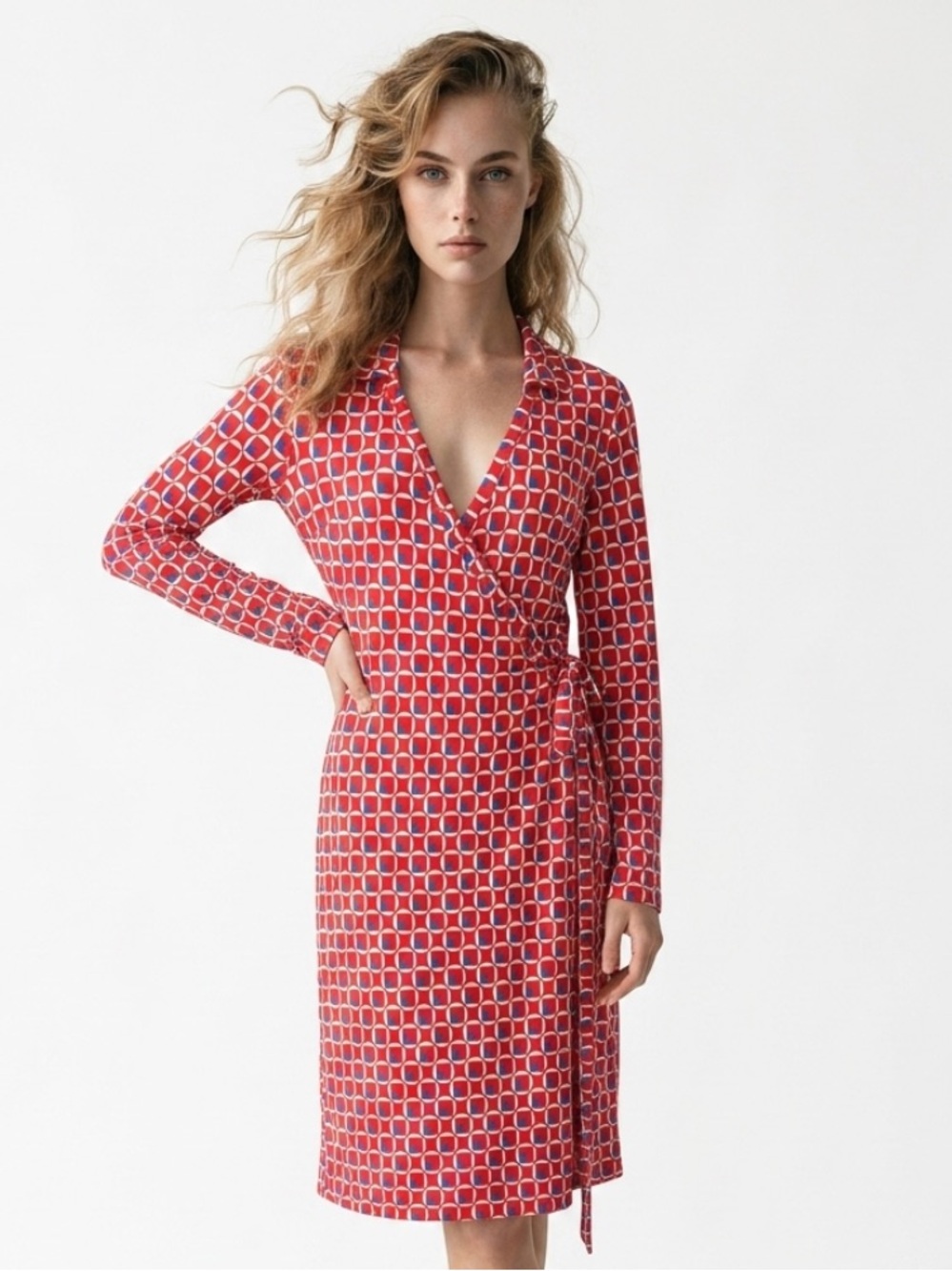 BODEN Wrap Dress Jersey Knit Red White Blue Knee Length Career Casual Sz 8